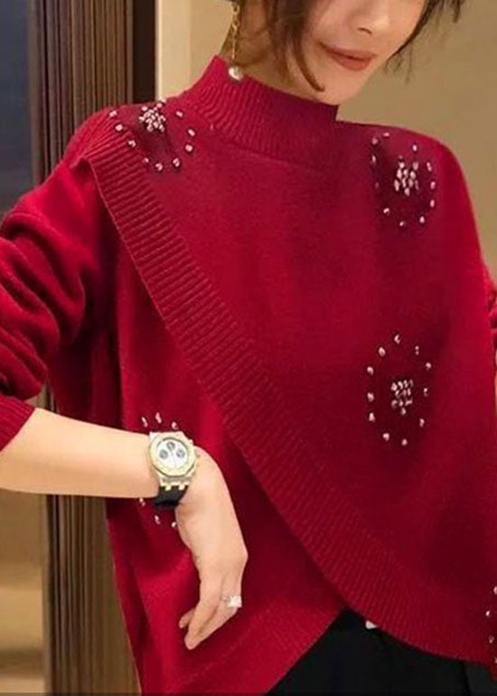 Stylish Red Hign Neck Nail Bead Woolen Knit Pullover Spring