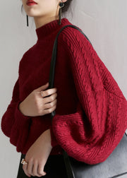 Stylish Red Hign Neck Patchwork Knit Sweater Lantern Sleeve