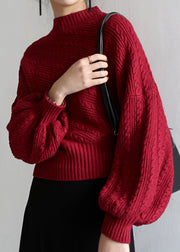 Stylish Red Hign Neck Patchwork Knit Sweater Lantern Sleeve