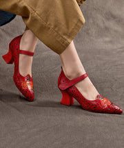Stylish Red Hollow Out Buckle Strap Platform Chunky High Heels