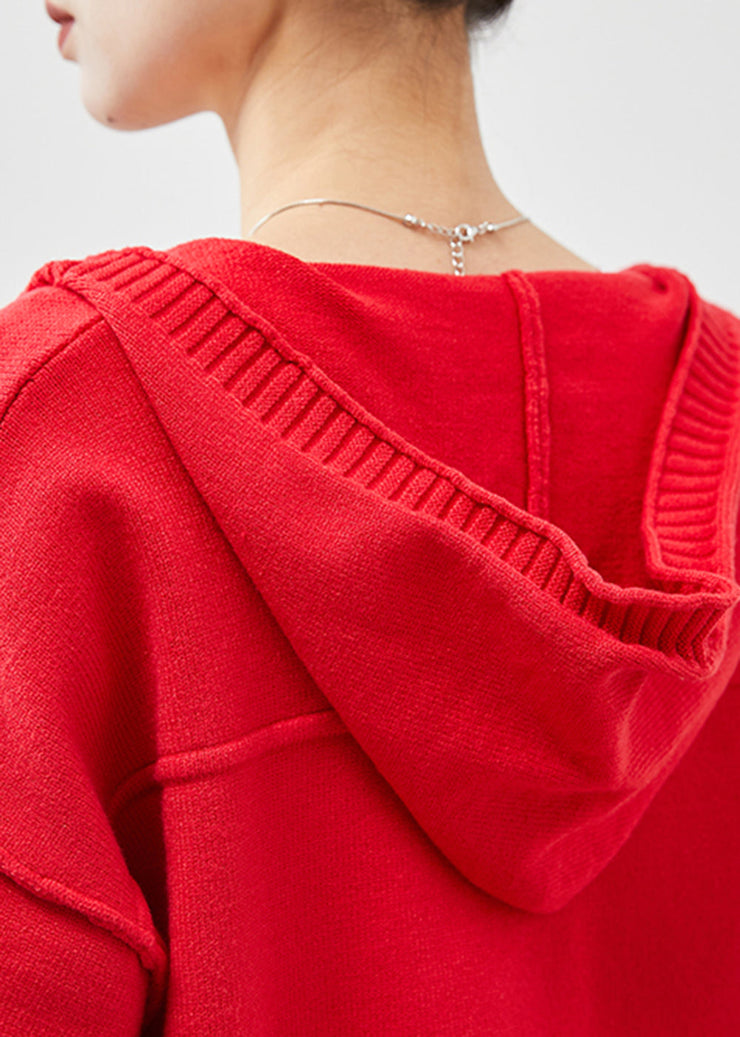 Stylish Red Hooded Pockets Knit Cardigans Spring