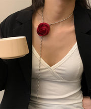 Stylish Red Metal Velvet Rose Chain Tasse Pendant Necklace