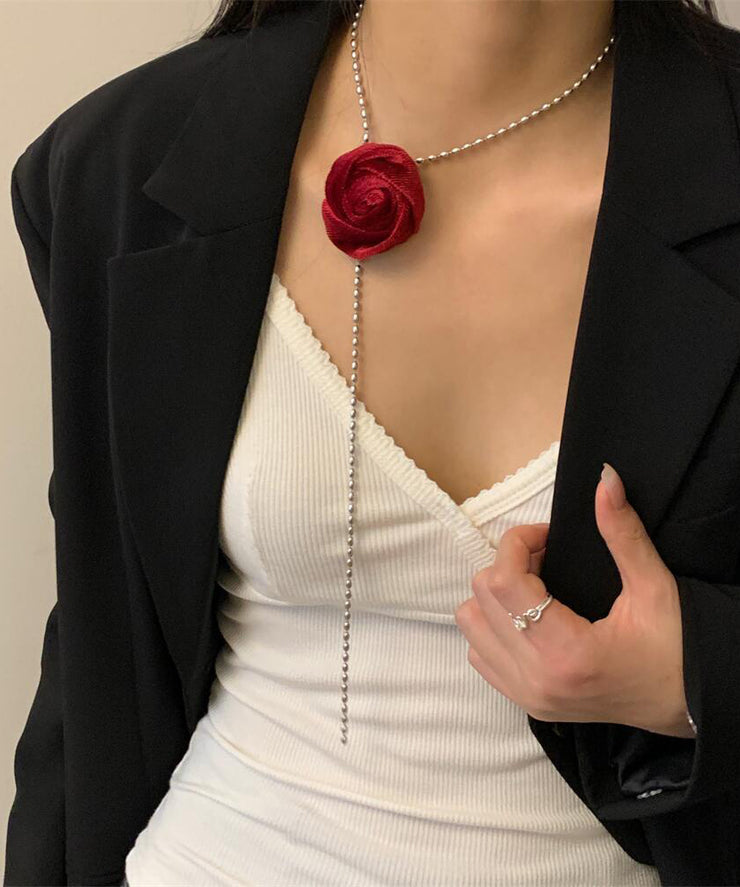 Stylish Red Metal Velvet Rose Chain Tasse Pendant Necklace