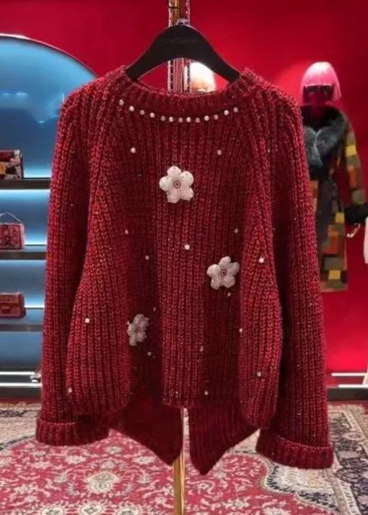 Stylish Red O-Neck Floral Nail Bead Thick Cotton Knit Sweater Tops Spring