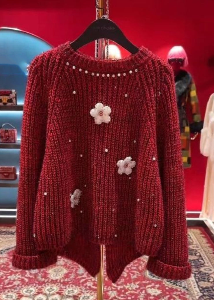 Stylish Red O-Neck Floral Nail Bead Thick Cotton Knit Sweater Tops Spring