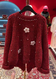 Stylish Red O-Neck Floral Nail Bead Thick Cotton Knit Sweater Tops Spring