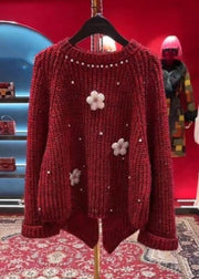 Stylish Red O-Neck Floral Nail Bead Thick Cotton Knit Sweater Tops Winter