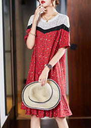 Stylish Red O-Neck Lace Patchwork Long Dress Short Sleeve