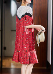 Stylish Red O-Neck Lace Patchwork Long Dress Short Sleeve