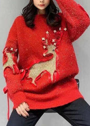 Stylish Red O Neck Patch Loose Knit Sweaters Spring