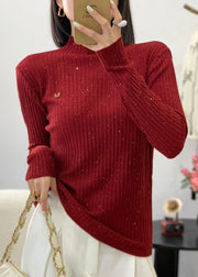 Stylish Red O Neck Sequins Wool Knit Sweater Fall