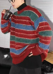 Stylish Red O Neck Striped Cozy Knit Men Sweaters Winter