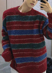 Stylish Red O Neck Striped Cozy Knit Men Sweaters Winter