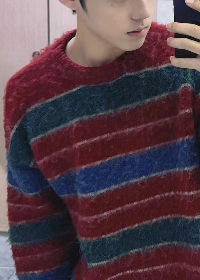 Stylish Red O Neck Striped Cozy Knit Men Sweaters Winter