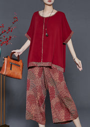 Stylish Red Oversized Patchwork Cotton Two Piece Suit Set Summer