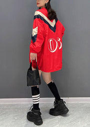 Stylish Red Oversized Pockets Drawstring Print Sweatshirts Top Fall