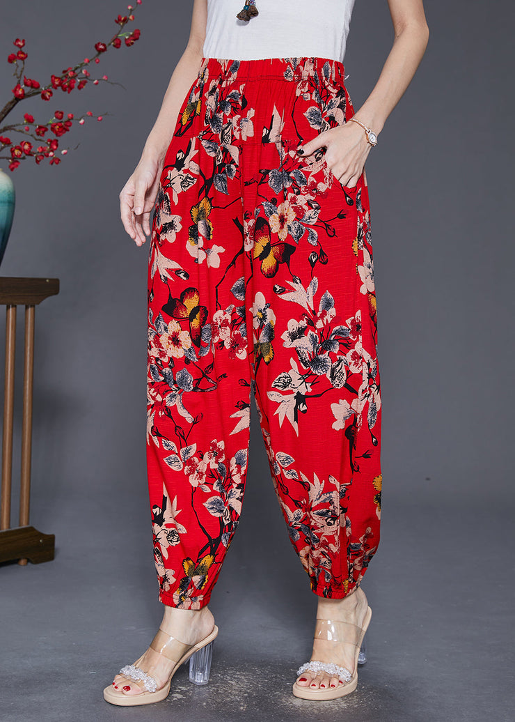 Stylish Red Oversized Print Cotton Harem Pants Fall