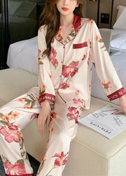 Stylish Red Oversized Print Ice Silk Pajamas Two Pieces Set Spring