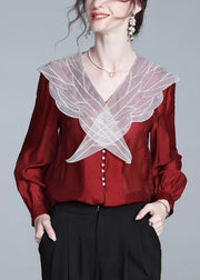 Stylish Red Peter Pan Collar Button Silk Shirt Fall