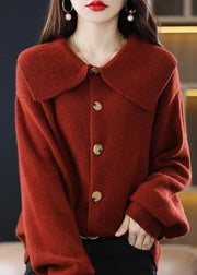 Stylish Red Peter Pan Collar Button Solid Knit Cardigan Fall