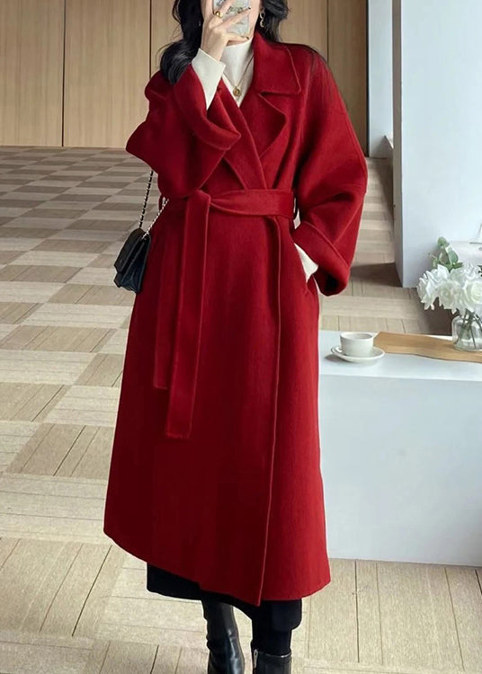 Stylish Red Peter Pan Collar Pockets Woolen Wrap Coat Winter