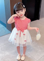 Stylish Red Plaid O Neck Bow Patchwork Tulle Baby Girls Dress Summer