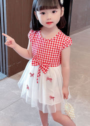 Stylish Red Plaid O Neck Bow Patchwork Tulle Baby Girls Dress Summer