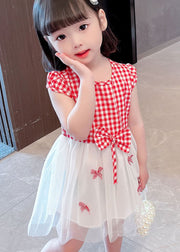 Stylish Red Plaid O Neck Bow Patchwork Tulle Baby Girls Dress Summer