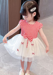 Stylish Red Plaid O Neck Bow Patchwork Tulle Baby Girls Dress Summer