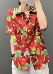 Stylish Red Print Button Pockets Cotton Blouses Short Sleeve