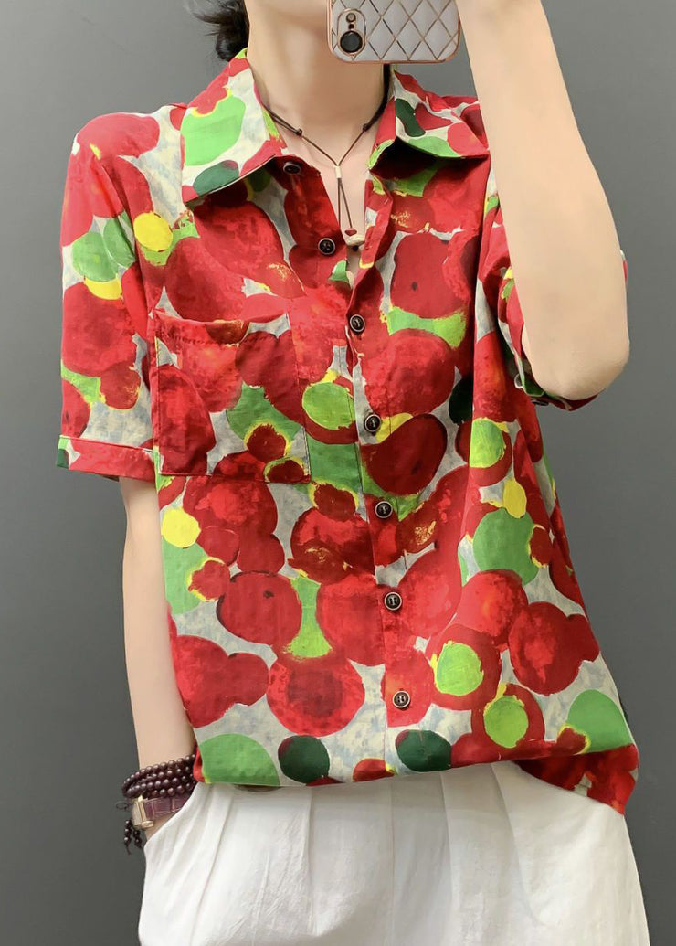 Stylish Red Print Button Pockets Cotton Blouses Short Sleeve