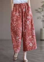 Stylish Red Print Elastic Waist Drawstring Wide Leg Pants Summer