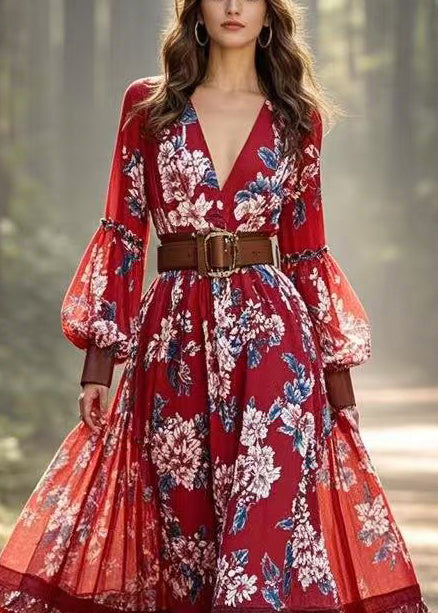 Stylish Red Print Exra Large Hem Cotton Vestidos Dress Lantern Sleeve