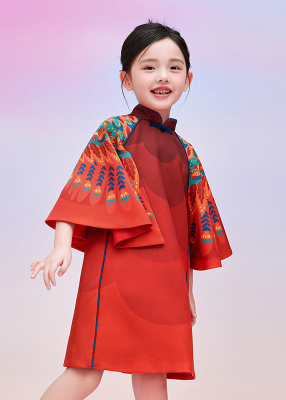 Stylish Red Print Kids Vacation Maxi Dresses Cloak Sleeves