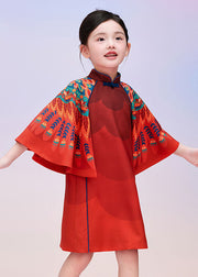 Stylish Red Print Kids Vacation Maxi Dresses Cloak Sleeves