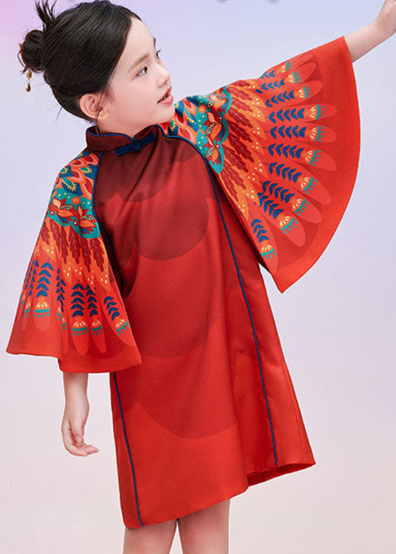 Stylish Red Print Kids Vacation Maxi Dresses Cloak Sleeves