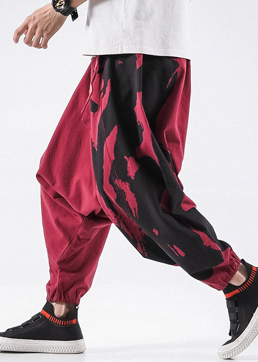 Stylish Red Print Pockets Cotton Mens Harem Pants Summer