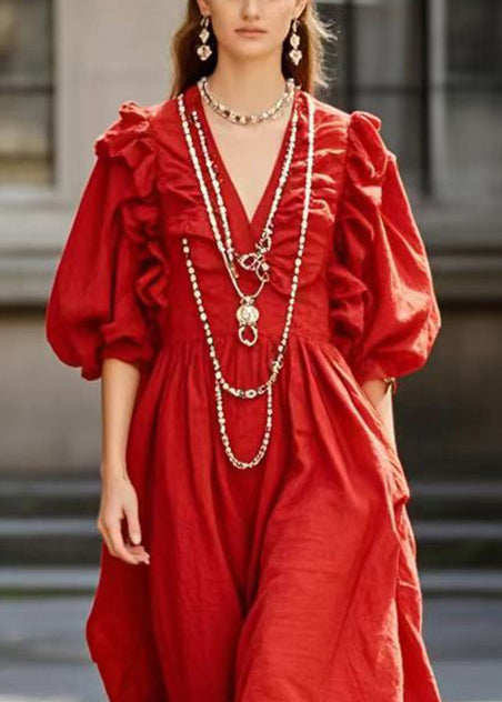 Stylish Red Ruffled Cotton Maxi Dress Lantern Sleeve