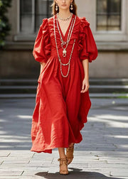 Stylish Red Ruffled Cotton Maxi Dress Lantern Sleeve