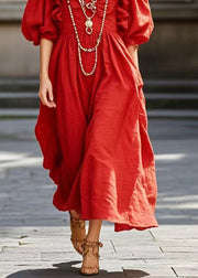 Stylish Red Ruffled Cotton Maxi Dress Lantern Sleeve