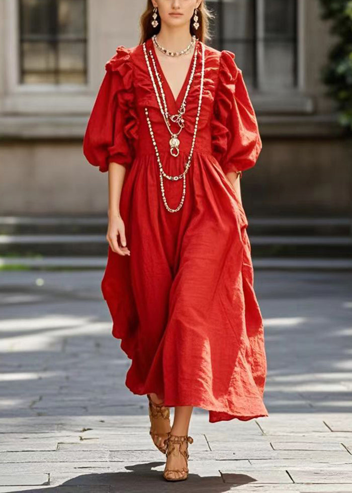 Stylish Red Ruffled Cotton Maxi Dress Lantern Sleeve