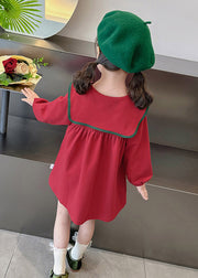 Stylish Red Sailor Collar Patchwork Kids Maxi Dress Spring