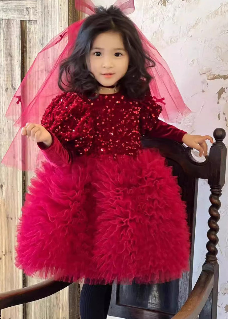 Stylish Red Silk Velour Sequins Tulle Kids Long Dress Winter