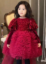 Stylish Red Silk Velour Sequins Tulle Kids Long Dress Winter