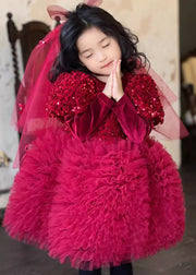 Stylish Red Silk Velour Sequins Tulle Kids Long Dress Winter