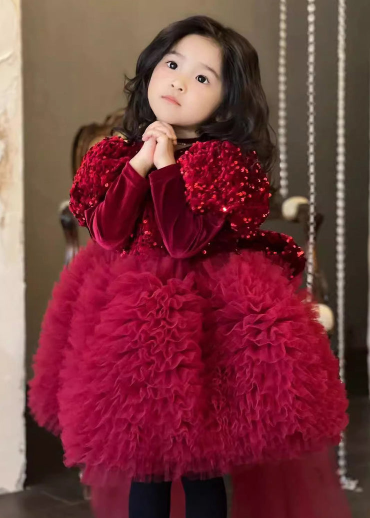 Stylish Red Silk Velour Sequins Tulle Kids Long Dress Winter