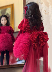 Stylish Red Silk Velour Sequins Tulle Kids Long Dress Winter