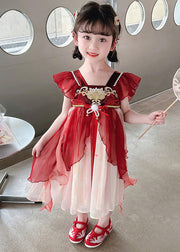 Stylish Red Square Collar Nail Bead Patchwork Chiffon Kids Long Dress Short Sleeve