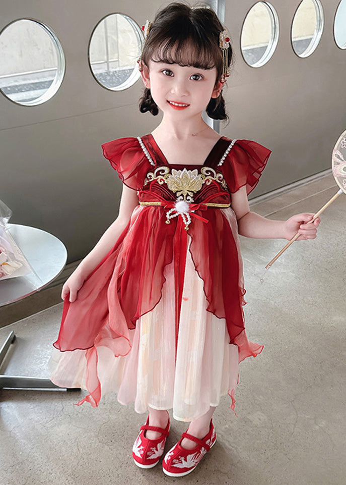 Stylish Red Square Collar Nail Bead Patchwork Chiffon Kids Long Dress Short Sleeve