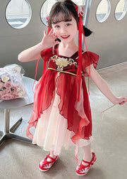 Stylish Red Square Collar Nail Bead Patchwork Chiffon Kids Long Dress Short Sleeve